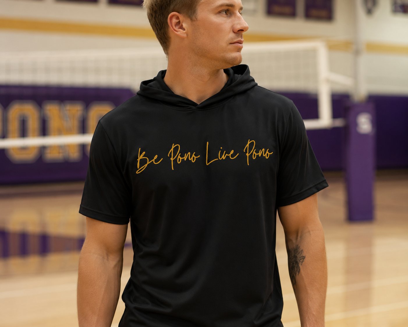 Short-Sleeve Performance Hoodie::Black-Gold