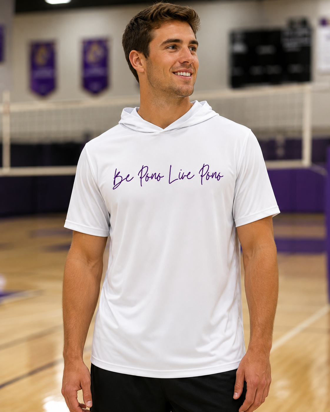 Short-Sleeve Performance Hoodie::White-Purple